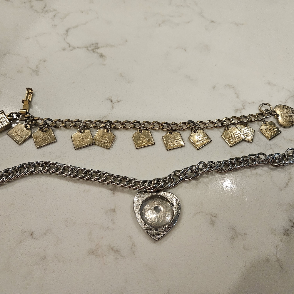 Goldtone 10 Commandments and Silvertone Heart Picture Charm Bracelet